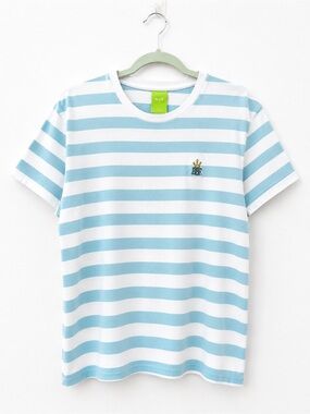 HUF 20th Anniversary Striped T-Shirt XL Blue White Embroidered Logo 100% Cotton